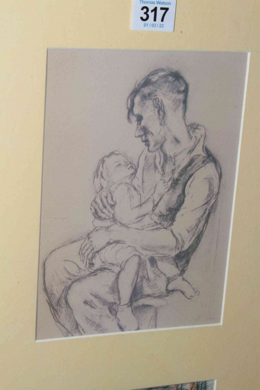 Tom McGuinness (1926-2006), two prints of Conte drawing and Conte on paper 1948, Miner Undressing and Miner and Child, each image 20cm by 14cm.
