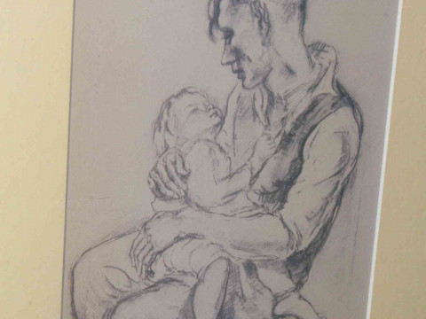 Tom McGuinness (1926-2006), two prints of Conte drawing and Conte on paper 1948, Miner Undressing and Miner and Child, each image 20cm by 14cm. thumbnail