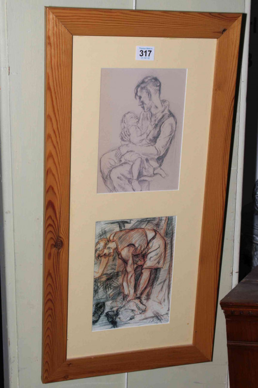 Tom McGuinness (1926-2006), two prints of Conte drawing and Conte on paper 1948, Miner Undressing and Miner and Child, each image 20cm by 14cm.