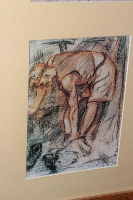 Tom McGuinness (1926-2006), two prints of Conte drawing and Conte on paper 1948, Miner Undressing and Miner and Child, each image 20cm by 14cm.