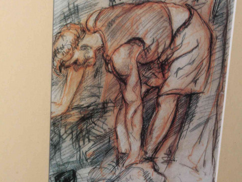 Tom McGuinness (1926-2006), two prints of Conte drawing and Conte on paper 1948, Miner Undressing and Miner and Child, each image 20cm by 14cm. thumbnail
