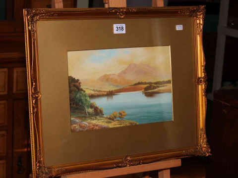 Rowland Stead, Lake scene, watercolour, 18cm by 27cm, gilt frame.