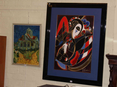 Large contemporary print of a jester and oil on canvas depicting a church.