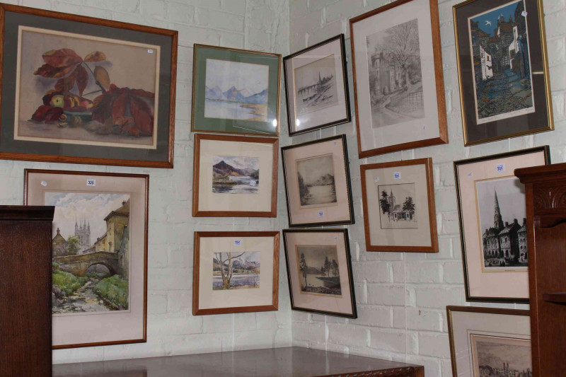 Six framed landscape watercolours, Still Life and eight framed landscape and building prints (15).