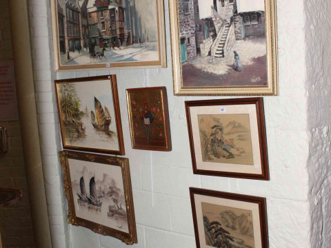 Pair Chinese watercolours, six various oils and modern religious icon...