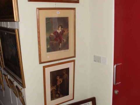 Nine framed prints, five wall mirrors and painted fabric tray (15).