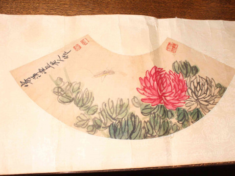 Qi Bashi, fan shaped watercolour of a chrysanthemum, having three seal...