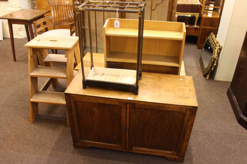 Two door oak record cabinet, open bookcase, coffee table, double step stool and brass stick stand (5).