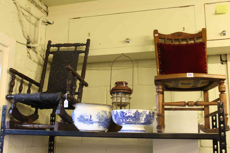 Victorian child's American rocking chair, Victorian child's rocking chair, hurricane lamp, blue and white chamber and Willow pattern bowl (5).