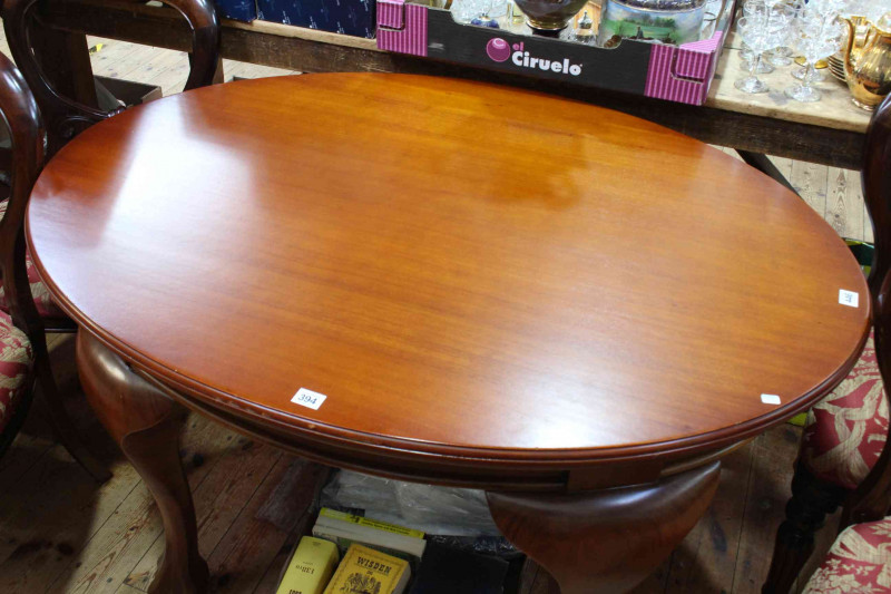Late 19th/early 20th Century oval mahogany dining table on ball and claw legs, 74cm by 120cm by 89cm, together with four later Victorian style mahogany balloon back dining chairs.