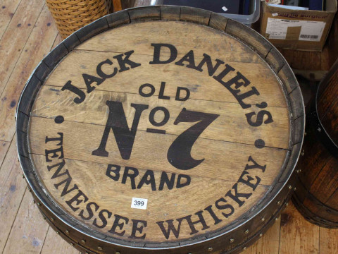 'Jack Daniels' barrel topped low table, 47cm by 63cm diameter. thumbnail