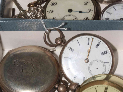 Collection of seven silver pocket/fob watches, silver albert, keys and...