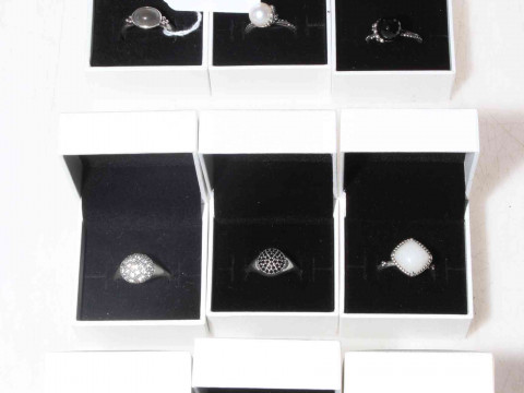 Collection of nine Pandora silver rings, size R/S, boxed.