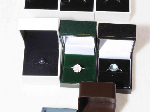 Collection of eight Pandora silver rings, size R/S, boxed.