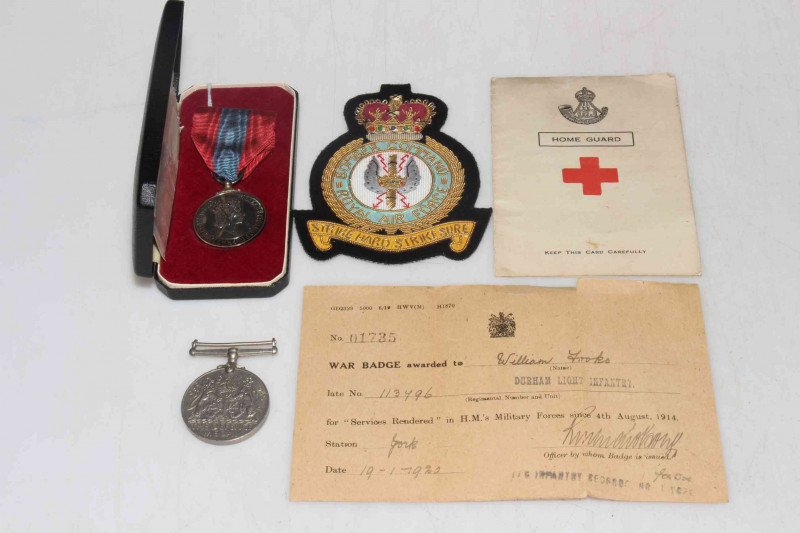Imperial Service medal awarded to Walter Robinson Bell in Royal Mint box, Bomber Command RAF patch, ephemera, etc.