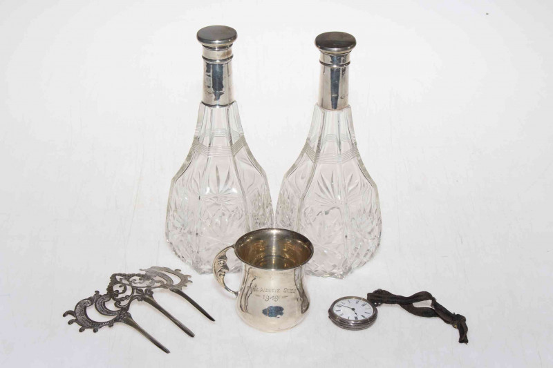 Edwardian silver hair comb with engraved decoration, Birmingham 1906, together with silver christening mug, fob watch and pair silver mounted bottles (5).