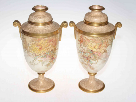 Pair Doulton Burslem blush vases with foliate and gilt decoration, A4492...