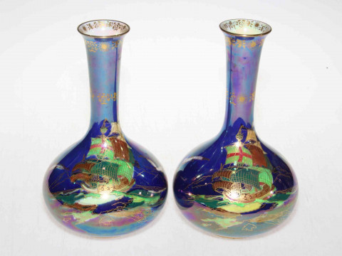 Pair Crown Devon Lustrine 'Galleon' vases, 23cm.