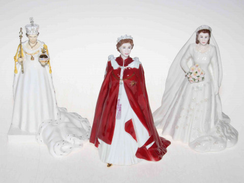 Coalport QEII Diamond Jubilee figure and two Royal Worcester QEII figures...