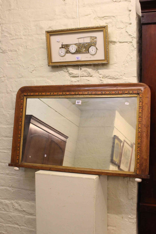 Victorian inlaid overmantel mirror, oak nest of three tables and framed clock plaque (3).