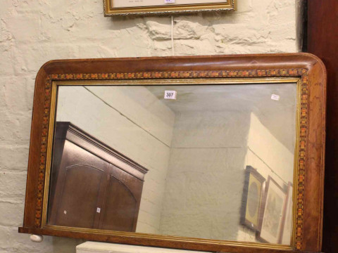 Victorian inlaid overmantel mirror, oak nest of three tables and framed clock plaque (3). thumbnail