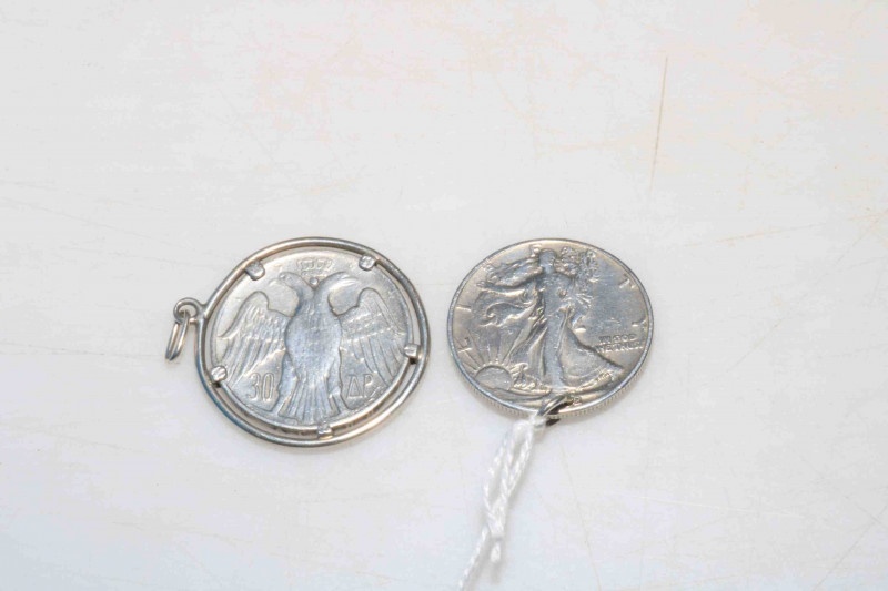 USA 1942 silver half dollar, and 1964 silver 30 drachma (2).