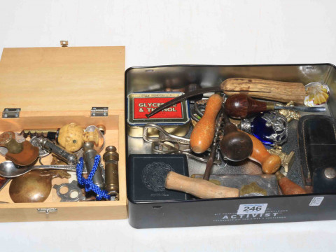 Assorted collectables including ARP, City and Scout whistles, corkscrews,...