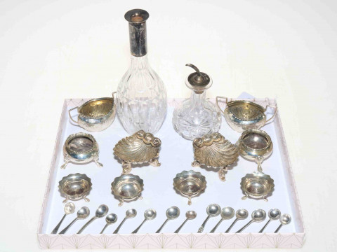 Collection of silver open salts and salt spoons including shell shape,...