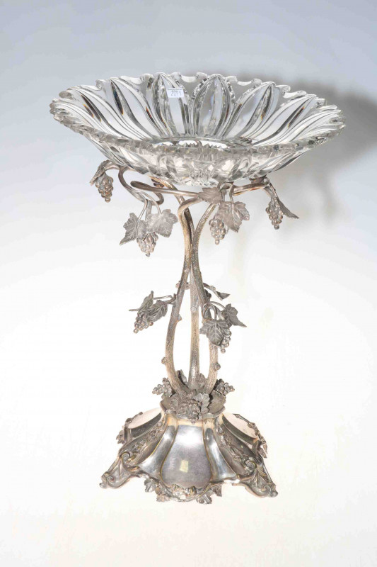 Late Victorian silver plated centre piece with vines, 43cm high including bowl.