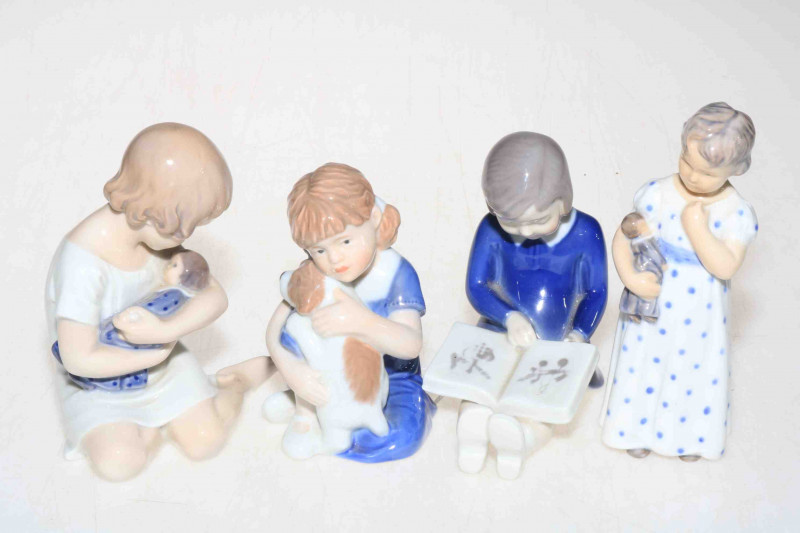 Four Royal Copenhagen figures, girl with doll 1938, Else with poppy 679, girl with doll 3539, and girl with book 467 (head off and glued).