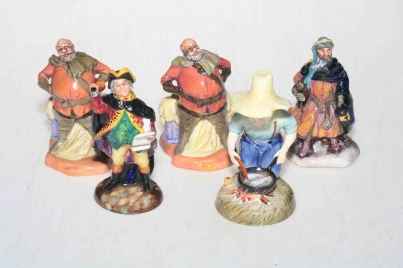 Five small Royal Doulton figurines including River Boy, Town Crier, Falstaff, and Good King Wenceslas.