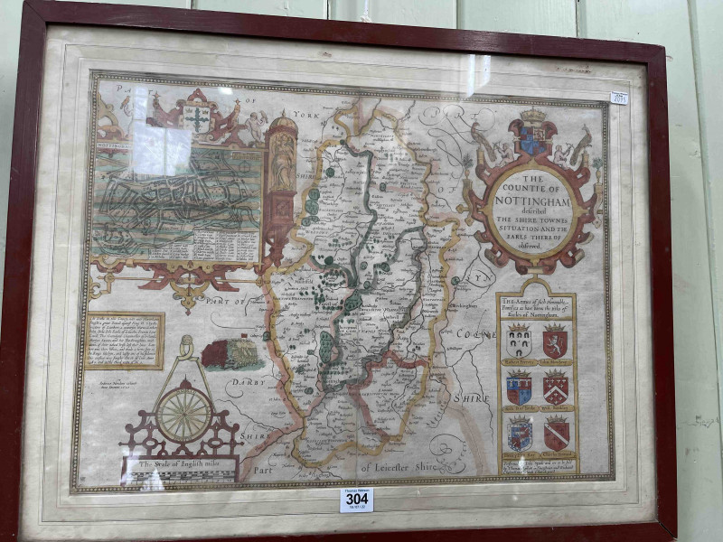 John Speede, early map print 'The Countie of Nottingham' with text verso, 38cm by 51cm, in glazed frame.