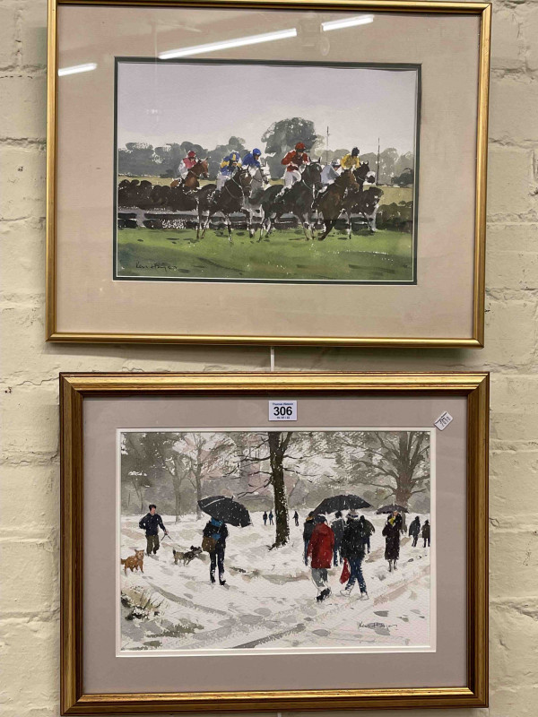 Ken Hayes, National Hunt Racing and Figures in Snowy Landscape, two watercolours, both signed, largest 24cm by 34cm, in glazed gilt frames.