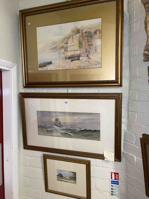 Signed coastal scene watercolour, Sailing Vessels off the Tyne, gilt framed watercolour and J. Streatfield, Woodside, Surrey, framed watercolour (3).