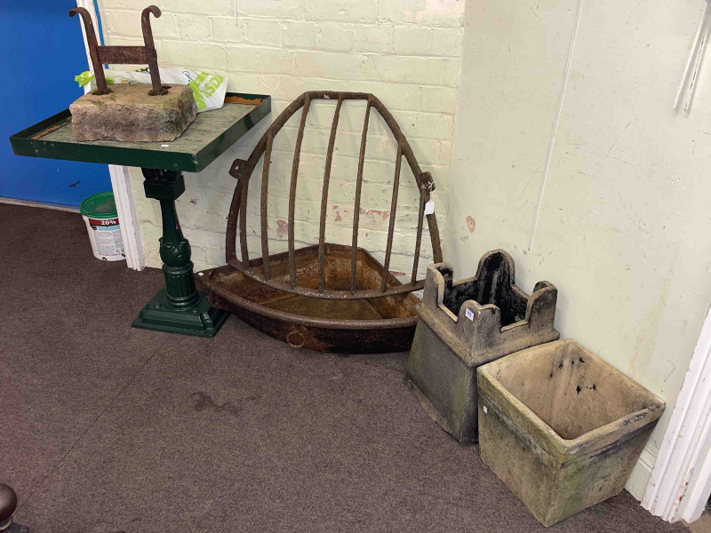 Vintage cast iron hay rack, cast iron feed trough, boot scraper, pedestal bird table, two chimney pots and chain (7).