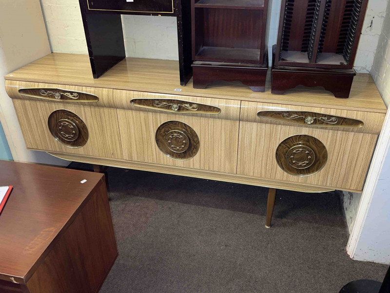 Vintage melamine cocktail sideboard, 79cm by 181cm by 46cm.