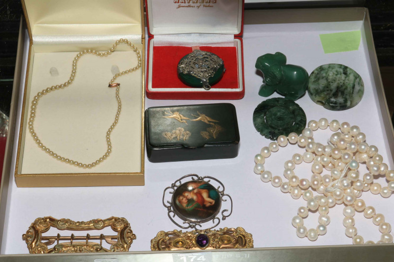 Box with antique gilt buckles, brooch, stone roundels, etc.