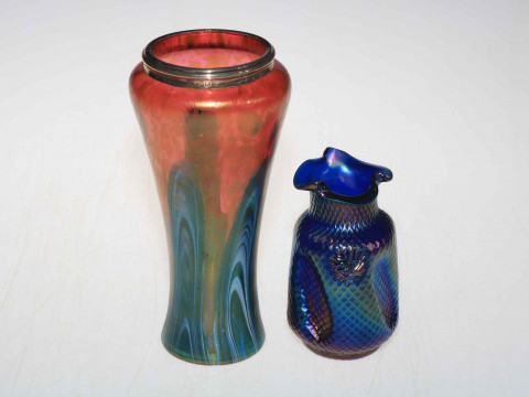 Silver mounted iridescent art glass vase, 21cm, circa 1900, and small...