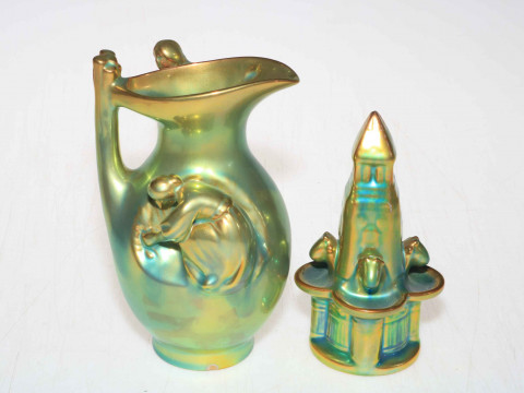 Zsolnay green lustre jug with relief maidens, 16cm and fountain piece...
