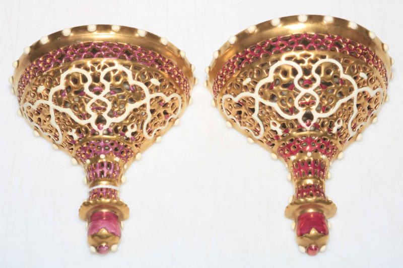 Pair Zsolnay pierced wall brackets, 13.5cm high.