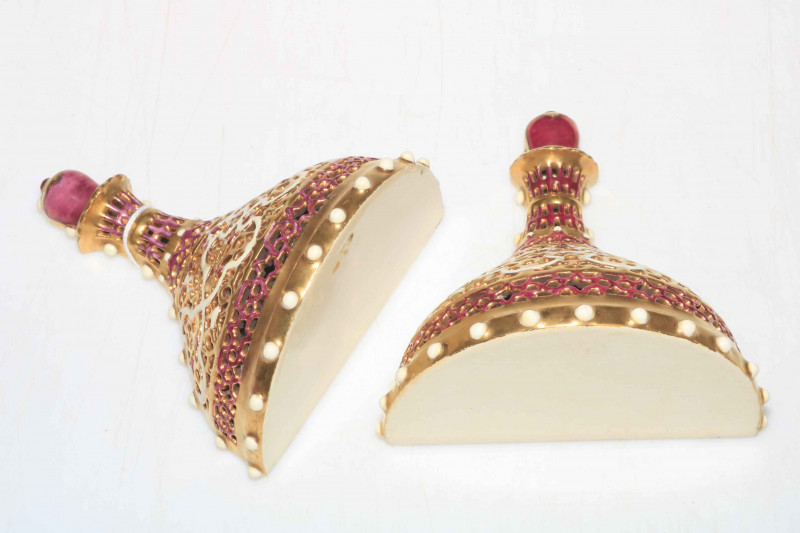 Pair Zsolnay pierced wall brackets, 13.5cm high.