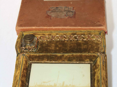 Boxed velvet writing slope.