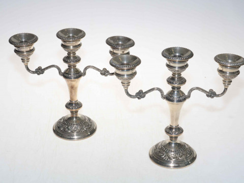 Pair of loaded silver ornate three branch candelabrum, Birmingham 1979,...