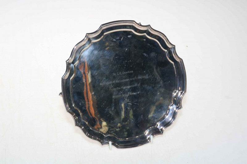 Silver salver, inscribed, 20.5cm diameter, Sheffield 1985.