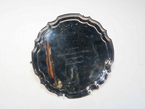 Silver salver, inscribed, 20.5cm diameter, Sheffield 1985.