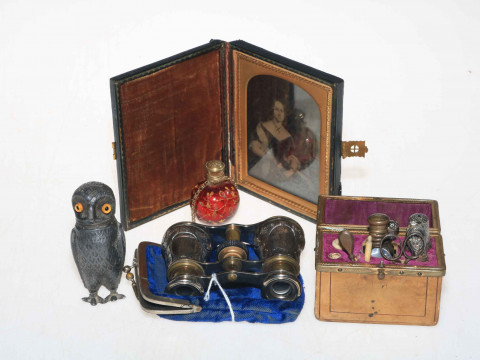 Victorian silver mounted opera glasses, Birmingham 1891, scent bottle,...