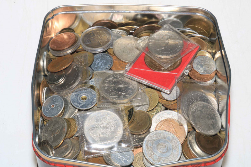 Box of coins and tokens.