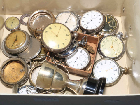 Box of assorted pocket watches including silver, etc.