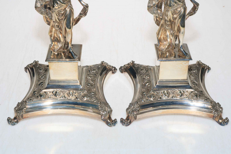 Good quality pair of silver plated figure candlesticks, featuring maiden in flowing gown, 32.5cm.
