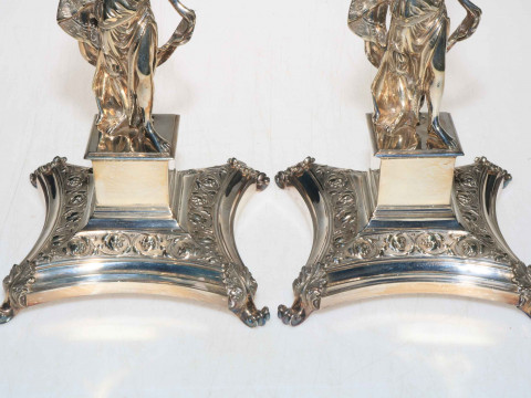 Good quality pair of silver plated figure candlesticks, featuring maiden in flowing gown, 32.5cm. thumbnail